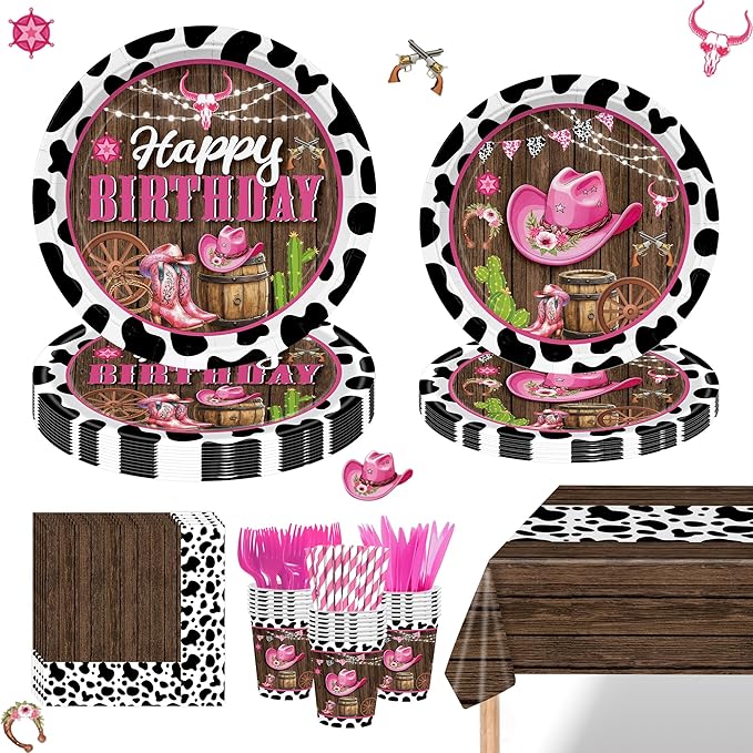 169PCS Cowgirl Plates Party Decorations Western Cowgirl Birthday Party Supplies Wild West Themed Paper Plates and Napkins Cups with Forks Knives and Straws Tableware for 24 Guests