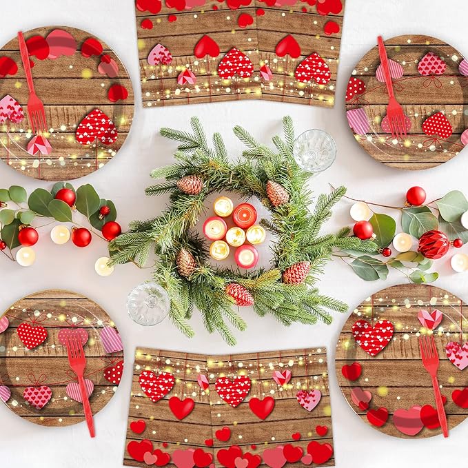 chiazllta 96 Pcs Valentine's Day Party Paper Plate and Napkins Valentine Party Heart Disposable Tableware Paper Dinnerware Valentines Party Decorations for Party Favors 24 Guests