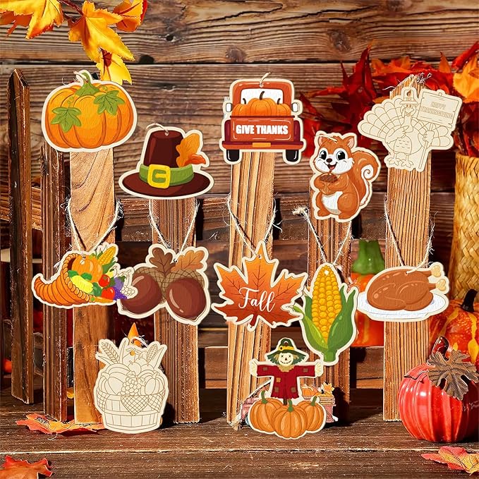 36PCS Wooden Thanksgiving Decoration Fall Ornaments to Paint Happy Thanksgiving Crafts Cutouts Unfinished, DIY Blank Fall Unfinished Turkey Maple Leaf Truck Pumpkin Ornament for Home Harvest Hanging