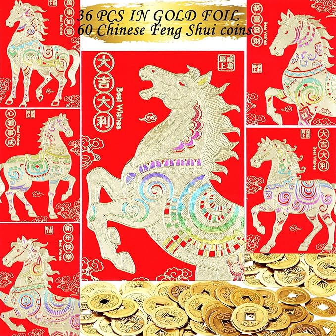 Red Envelopes Chinese New Year Of The Horse 2026,红包, Lucky Money Envelopes For Lunar New Year, Li Xi Chinese Feng Shui Coins I-Ching Fortune Coin for Health Wealth Hongbao 36Pcs Medium and 60 Coins