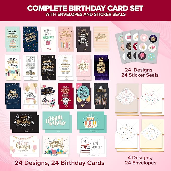 Decorably 24 Pack Foil and Glittery 6x4in Assorted Birthday Cards with Envelopes and Stickers, 24 Unique Festive Designs for Friends, Family, Loved Ones, with Printed Message Inside - Gifting, Mailing