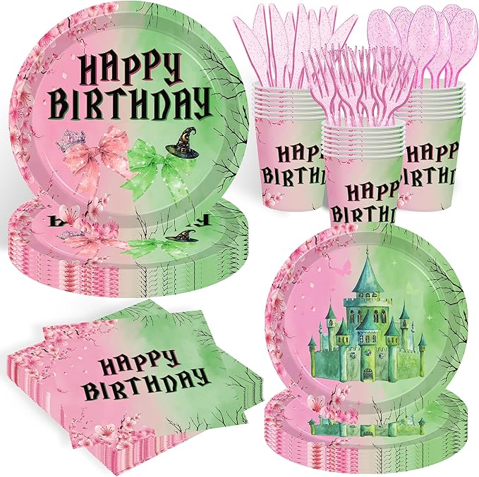 140pcs Pink and Green Witch Party Decorations Tableware, Witch Table Centerpieces Party Supplies, Tableware Set Paper Cups for Girls Birthday Party Decorations Severs 20 Guests