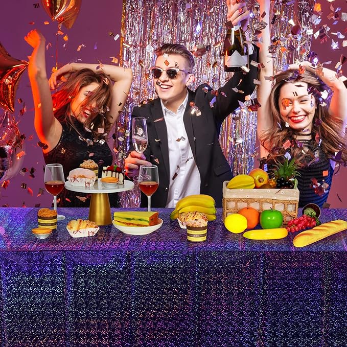 FunnyPars 8 Pack Iridescent Plastic Tablecloths Shiny Disposable Laser Rectangle Table Covers Holographic Foil Tablecloth Iridescent Kpop Birthday Bridal Wedding Party Decoration, 54"x108"(Purple)