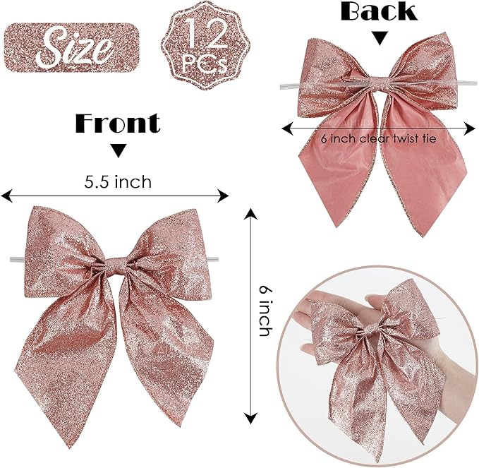 AIMUDI Rose Gold Glitter Wired Ribbon Bows with Twist Tie 5.5" Premade Metallic Christmas Bows for Gift Wrapping, Wreath, Garland, Holiday Crafts Party Home Outdoor Christmas Tree Decorations, 12 PCs