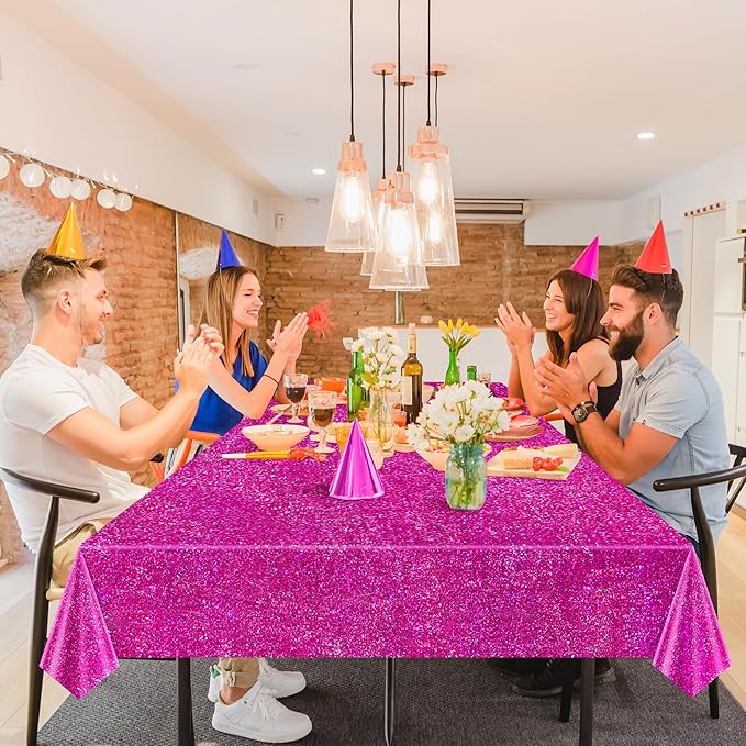 4 Pcs Fuchsia Hot Pink Holographic Tablecloths 40" x 108" Shining Laser Table Cloths for Galentines Valentine's Day Party Supplies Girls Birthday Party Decorations PlasticTable Covers