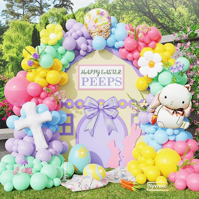 Easter Decorations Indoor Outdoor, 160Pcs Rainbow Pastel Eatser Balloons Arch Garland Kit with Cross Bunny Daisy Foil Balloons for Rabbit Theme Spring Decoration