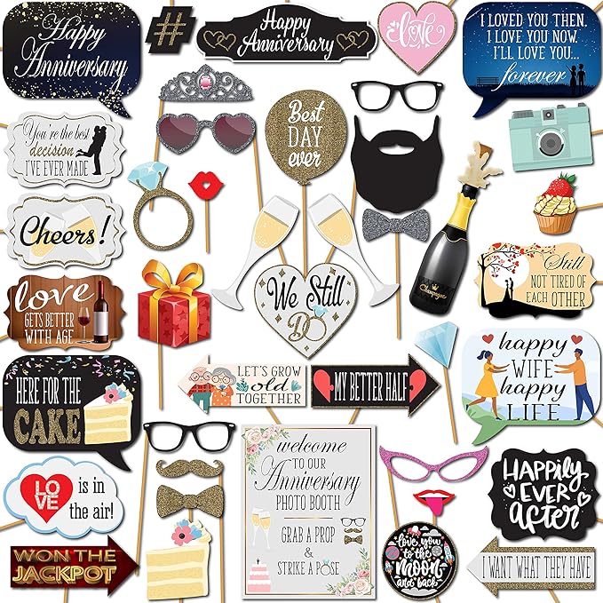 Anniversary Photo Booth Props - 41-pc Photobooth Kit with 8 x 10-Inch Sign, 60 Adhesive Pads, 45 Sticks - Wedding Anniversary Photo Props - Wedding Photo Booth Props