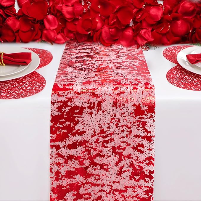 Snowkingdom Red Glitter Table Runner 11 Inch x 49 Feet Sparkle Mesh Long Runner Table Decorations for Wedding Anniversary Party, Birthday, Mother's Day