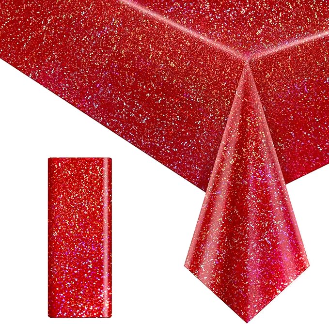 1 pcs Red Holographic Laser Tablecloths for Parties 40" x 108" Table Cloth Iridescence Shining Table Decoration For Valentines Galentines Day Princess Graduation Christmas Birthday Party Supplies