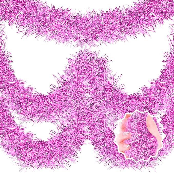 50 Feet Macaron Pink Christmas Tinsel Garland, Metallic Foil Twist Banner Wall Hanging Tinsel Streamers Backdrop for Parade Floats, Christmas, Mother's Day, Birthday Party Decorations(2in x 50ft)