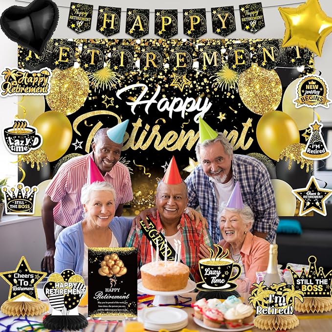 Happy Retirement Party Decorations for Men and Women - Black and Gold Banner, Backdrop Card, Sash, Hanging Swirls, Foil Balloons, Honeycomb Centerpieces