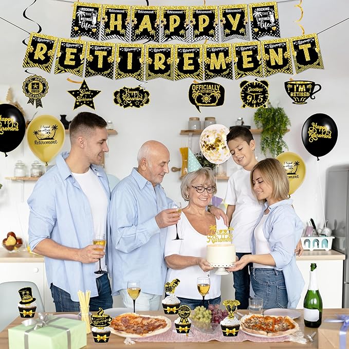 Retirement Party Decorations for Men Women, Black and Gold Happy Retirement Banners Balloons Cake Cupcake Toppers Hanging Swirls, Happy Retirement Party Supplies 42pcs