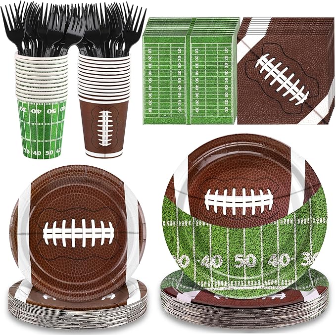 durony 144 Pieces Football Party Supplies Tableware Set Disposable Paper Plates and Napkins Forks Serve 24 Guests Football Table Buffet Decoration for Football Birthday Party Supplies