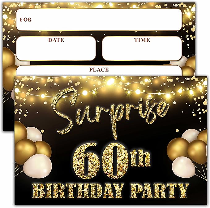 YSTEP 60th Birthday Party Invitations, 20 Black Gold Invite Cards with Envelopes, 4"x6" Foil Balloon Birthday Invites - B11
