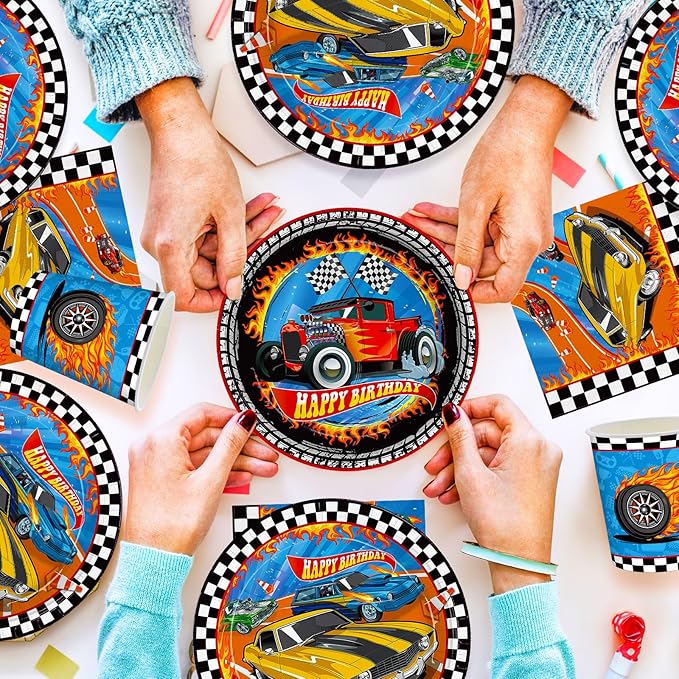 168pcs Racing Car Birthday Party Decorations Race Car Plates Napkins Disposable Parper Cups Blue Forks Tableware Set Party Supplies for Kids Boys Birthday Decor 24 Guests