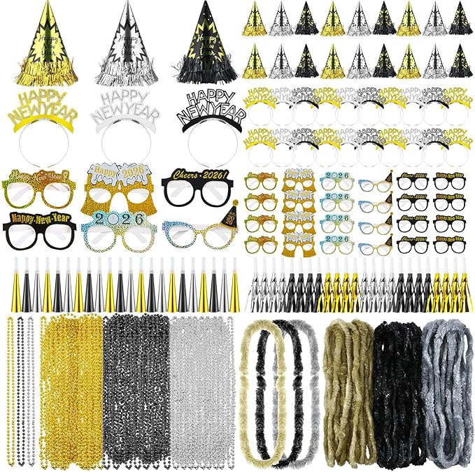 Capoda 192 Pcs New Years Eve Party Supplies 2026 Decorations Kit for 48 Guest with Happy New Year Cone Hat Tiara Headband Glasses Bead Noisemaker Horns Lei Necklace