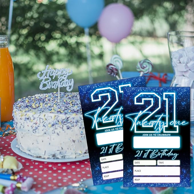SIXEIGHT Blue 21st Birthday Invitations for Boys, Neon Glow Party Invitations for Girls Kids, 20 Pack Double Sided Invite Cards with Envelopes, 21st Glow Neon Birthday Party Decorations, 4x6 Inch-C54