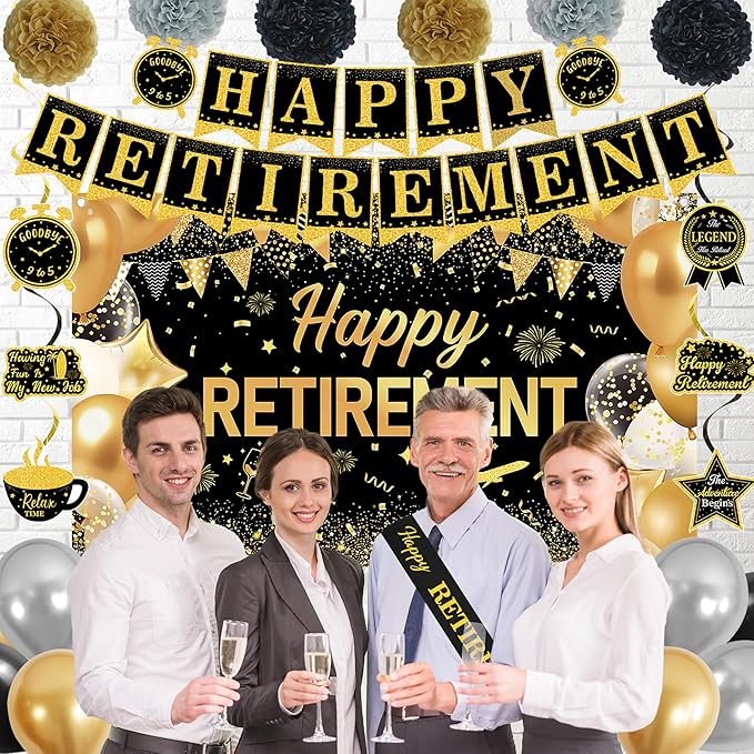 DARUNAXY Black Gold Retirement Party Decorations, Happy Retirement Banner, Officially Retired Hanging Swirl The Legend Has Retired Sash Tissue Paper Pom Poms Party Supplies(31PC)