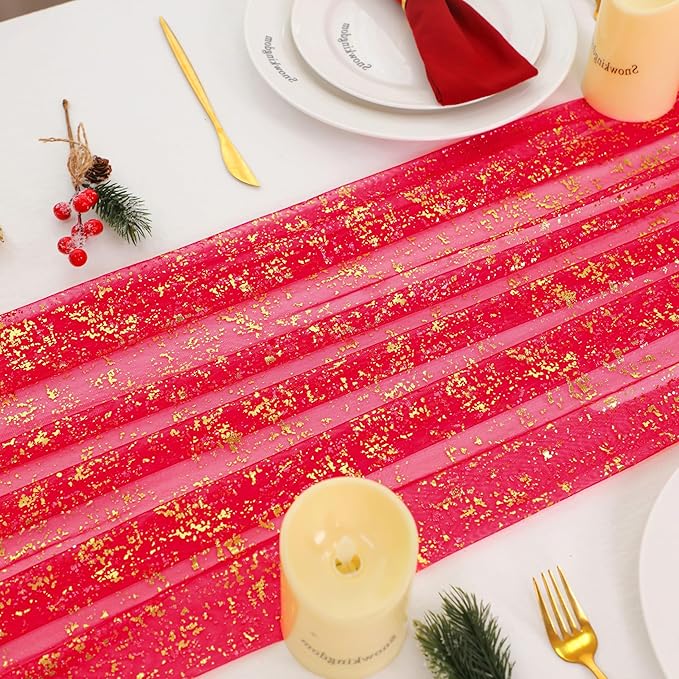 Snowkingdom Red Gold Table Runner Gauze 10FT Sparkly Sequin Glitter Sheer Chiffon Cheesecloth Runner 120 Inch Home Party Decorations for Wedding Anniversary Birthday Graduation Christmas Holiday