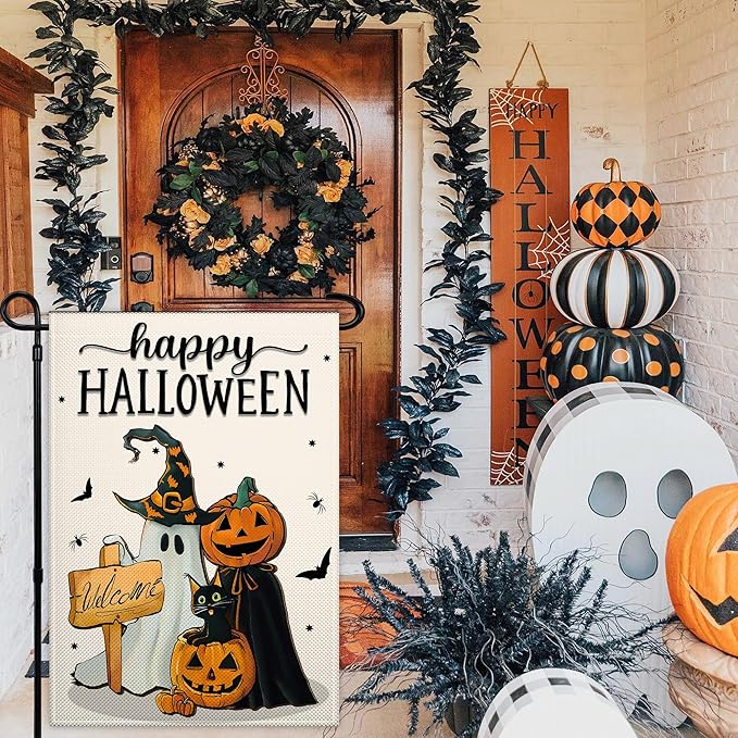 Happy Halloween Garden Flag 12x18 Double Sided Ghost Jack O Lantern Bat Garden Flag 3Ply Fabric Halloween Pumpkin Garden Flags for Outside House Indoor Outdoor Holiday Yard Sign Decor