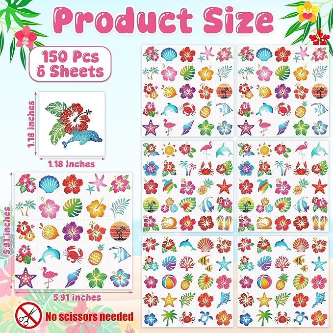 150 PCS Glitter Hawaiian Temporary Tattoos, 6 Pre-Cut Sheets of Hawaiian Party Decorations, Summer Accessories with Hibiscus Crab Designs, Palm Tree Decor for Women Men Flamingo Party Favors