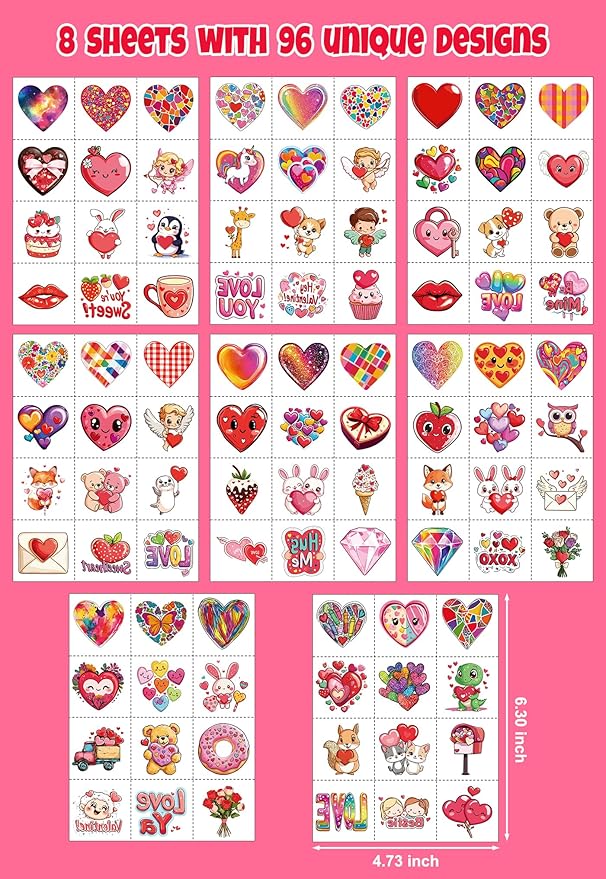 JCFIRE 96Pcs Valentines Day Stickers for Kids Temporary Tattoos, Heart Stickers for Valentines Day Gifts for Kids Classroom Exchange, Waterproof Decals for Party Favors, Goodie Bags, Crafts