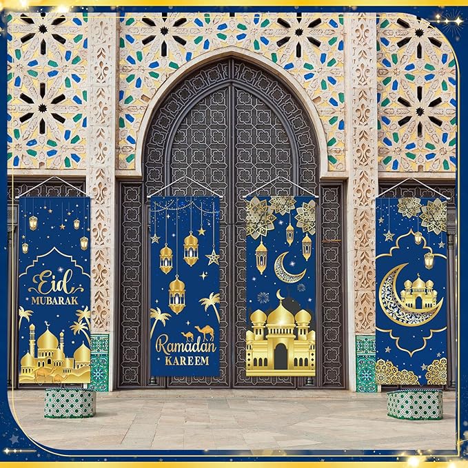 Panelee 4 Pcs Ramadan Mubarak Porch Sign Banners Blue Gold Eid Mubarak Decorations Muslim Ramadan Kareem Door Banner Backdrop for Home Doorway Indoor Outdoor Wall Hanging Decor