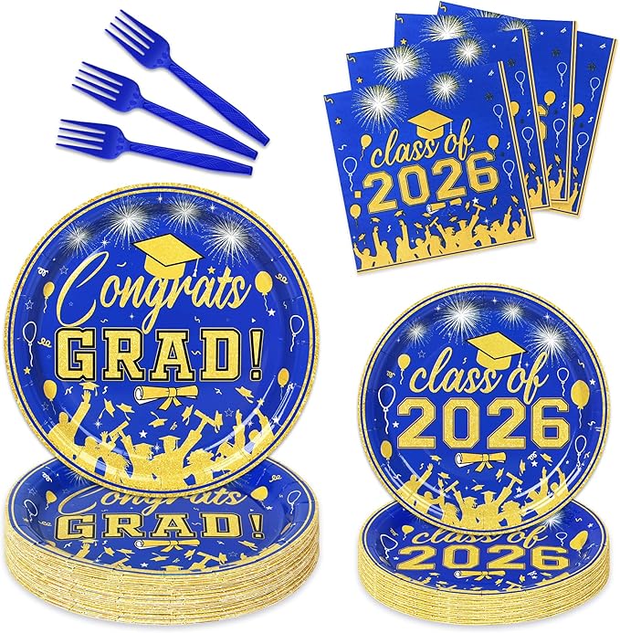 100 Pcs Graduation Plates and Napkins Party Supplies Set,Serves 25 Guests Blue Gold 2026 Graduation Plates and Napkins,Disposable Paper Tableware Set for Graduation Party Decorations