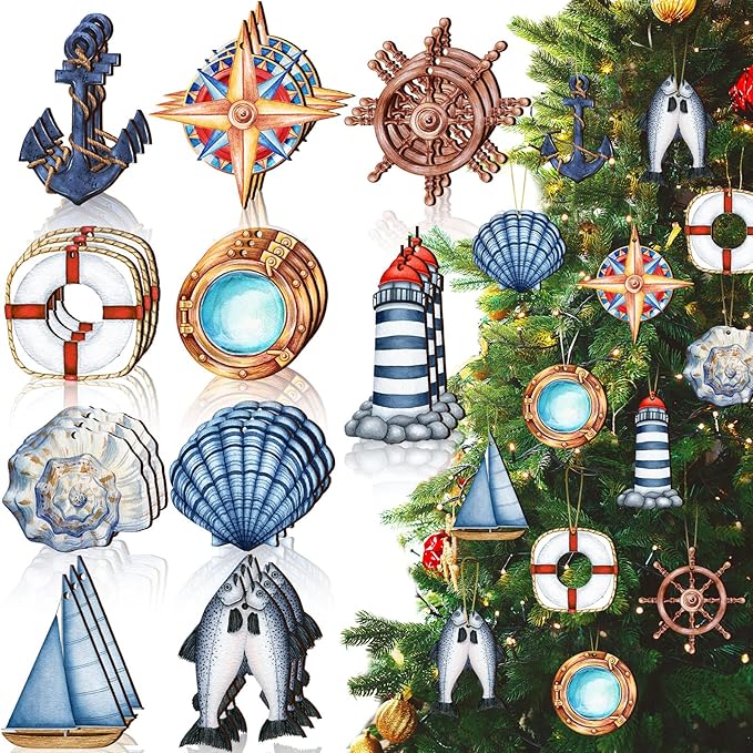Chunful 30 Pieces Summer Tree Ornaments Christmas in July Wood Hanging Decoration Beach Wooden Slices Winter Tree Ornaments with String for Luau Hawaiian Party Supplies (Sailing Style)