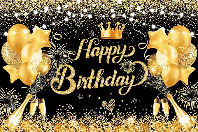 YinQin 180x120 cm Glitter Black Golden Happy Birthday Backdrops Photography Backgrounds Cloth 71x47 inch Bday Party Decorations Black Gold Happy Birthday Sign Banners for Men Women