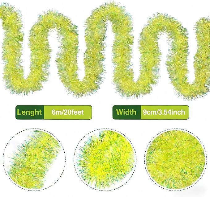 20FT Lime Green Christmas Tinsel Garland Iridescent Hanging Twisted Garland iRide for Christmas Tree Fireplace Mantle Xmas Party Home Decoration