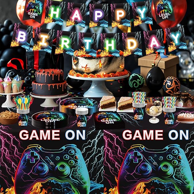 Video Game Party Decorations Tablecloth, 3Pcs Disposable Game On Birthday Party Tablecover Supplies, Gamer Gaming Level Up Birthday Table Cloth Decorations, 55in x 86in