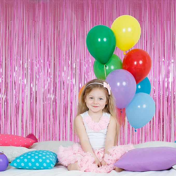 Pink Foil Fringe Curtains Tinsel Backdrop, Melsan 3.2 x 8 ft Metallic Tinsel Curtains Party Decorations for Baby Shower, Princess Themed Birthday Party Backdrop - Pack of 2