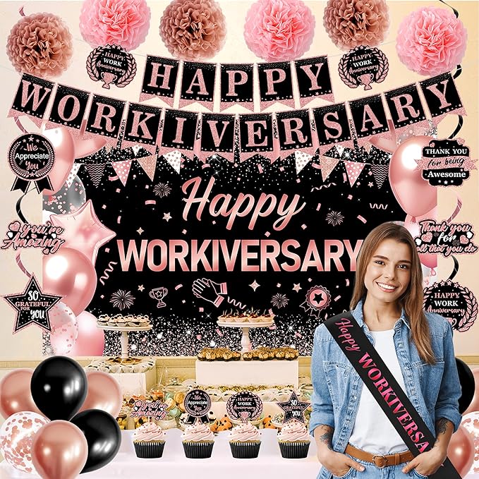 DARUNAXY Happy Workiversary Party Decorations for Women, Rose Gold Happy Work Anniversary Banner Cake Topper Hanging Swirl Confetti Balloons Decor Set for Pink Employee Office Party Supplies for Girls
