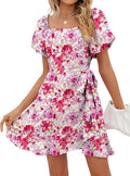 Sampeel Womens Summer Dresses Square Neck Puff Sleeve Tie Waist Short Dress