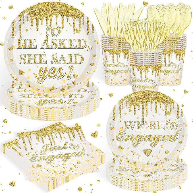 140Pcs Engagement Party Decorations He Asked She Said Yes Decorations Happy Engagement Plates and Napkins Tableware Set Wedding Proposal Decor Serves 20 Guests