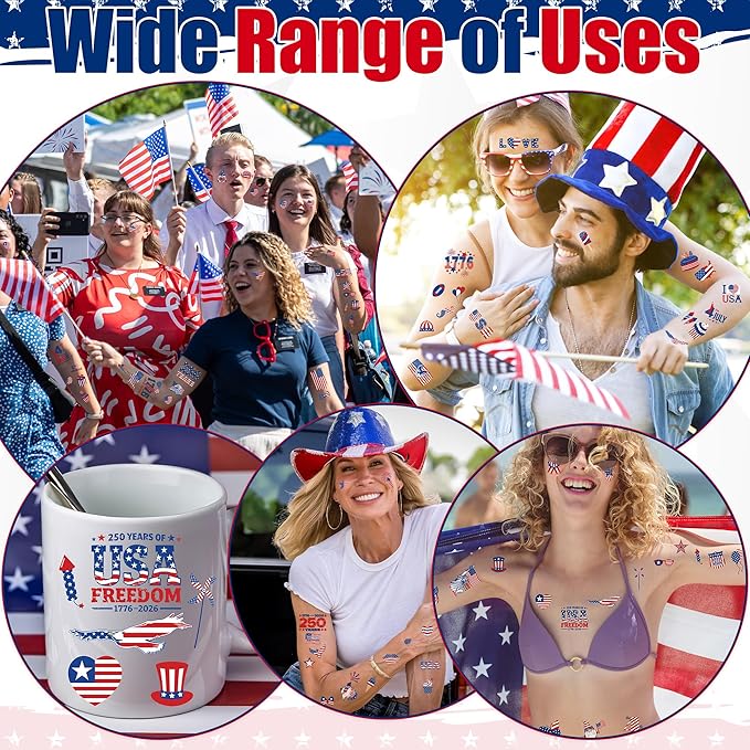 99 PCS 4th of July Temporary Tattoos, 12 Sheets Waterproof 4th of July Accessories, USA Flags Fireworks Eagles Independence Day Decorations, Patriotic Tattoos for Memorial Day Veterans Events