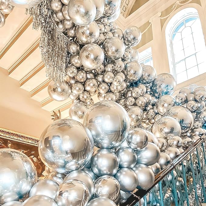PartyWoo Silver Balloons 155 pcs Different Sizes of 18 12 10 5 Inch Silver Balloon Arch Kit Garland for Birthday Graduation Bachelorette Engagement Bridal Shower Wedding Party Decorations Silver-G102