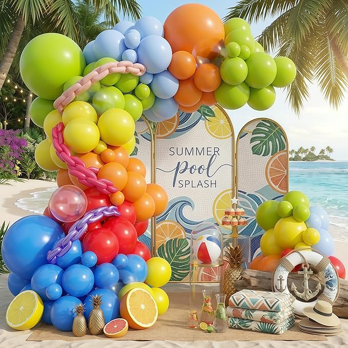 Neon Balloons Arch Garland Kit, 138PCS Rainbow Pool Party Balloon with Red Orange Green Blue Latex Balloons for Kids Luau Hawaii Summer Beach Baby Shower Graduation Birthday Party Decorations Supplies