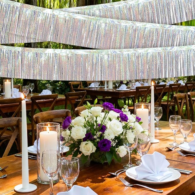 4 Packs Foil Fringe Garland Tinsel Streamers Shiny Wall Hanging Birthday Banner Backdrop for Graduation Wedding Anniversary Celebration Happy Birthday Party Decorations Glitter Silver