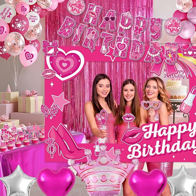 72PCS Pink Birthday Decorations for Girls, Pink Theme Party Supplies with Photo Booth Props & Selfie Frame Set, Banner, Foil Balloons, Tablecloth, Cake Toppers for 13th 16th 18th 21st Celebration.