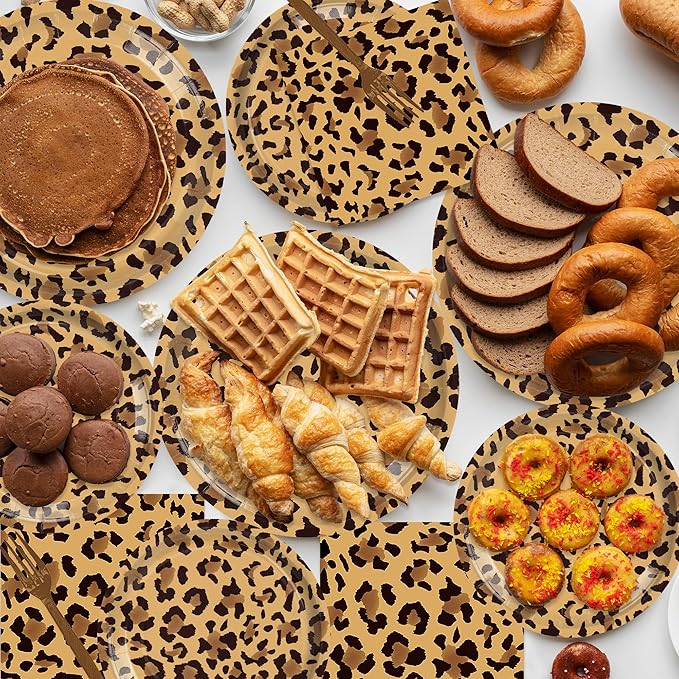 168PCS Leopard Print Party Suppplies Animal Cheetah Print Plates Napkins Cups Tableware Set Jungle Animal Leopard Theme Birthday Party Decorations Serve 24 Guests