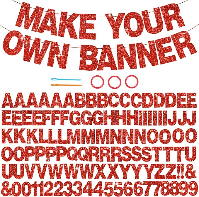 BEISHIDA 116 PCS A-Z DIY Letter Banner Kit Make Your Own Banner Glitter Red Including 111 Letters and Numbers 3 Rope and 2 Threading Device,Customized for Birthday Graduation Anniversary Party Decor