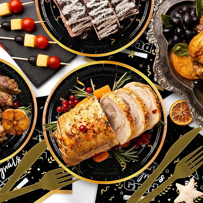 Graduation Decorations Class of 2026 Graduation Party Decorations,147 PCS Disposable Congrats Grad Tableware,Black and Gold Tablecloth Knives Fork Plates Napkin Cups for School,College,Party,Serve 24