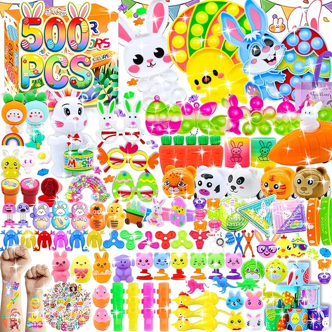500 PCS Easter Eggs Fillers, Easter Party Favors for Kids Easter Basket Stuffers Fidget Toys Bulk, Classroom Prize Easter Gifts Treasure Box Toys Birthday Goodie Bag Stuffers