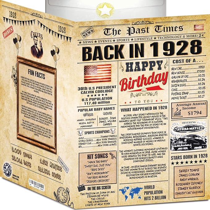 98th Birthday Card for Women Men- Back In 1928 Card - 98th HAPPY BIRTHDAY cards for Him Her - Vintage 98th birthday gifts JUMBO size 98th birthday decorations for husband wife - gift for 98 year old