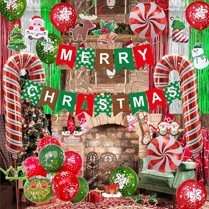 Christmas Decorations, Merry Christmas Decor Banner Hanging Swirls Candy Cane Balloons Tinsel Backdrop Glasses Frames for Indoor Outdoor Decorations