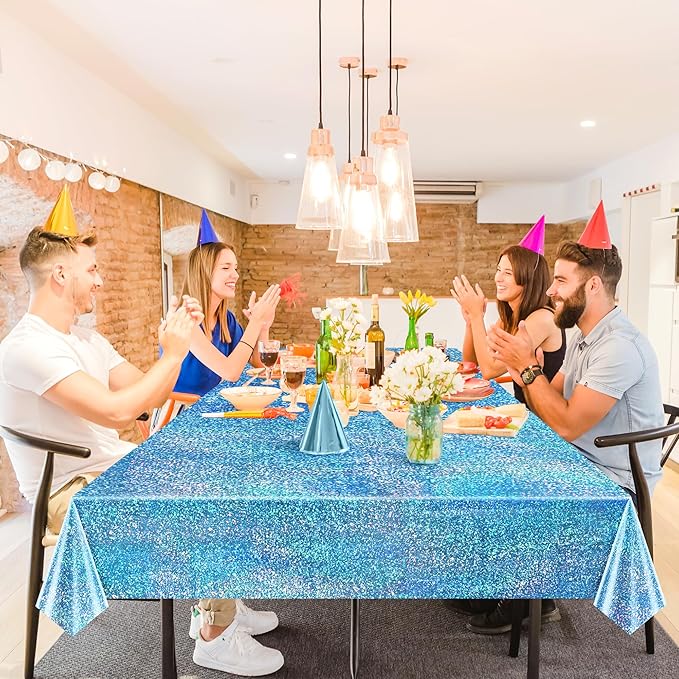 Sparkling Holographic Laser Tablecloth - Shimmering, Waterproof, Easy to Clean - Ideal for Bachelorette, Birthday, Wedding, and Anniversary Party Decorations (Light Blue & Gold, 2)