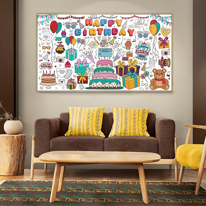 OHOME Birthday Giant Coloring Tablecloth - Birthday Decorations - Arts and Crafts for Kids Ages 8-12,Kids Crafts for 4 5 6 7 8 9 10 Year Old Girl Boy Gift,School Stuff Supplies for 4-8