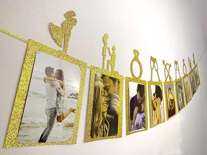 Engagement Wedding Decorations, Gold Engaged Banner and Photo Banner with Romantic Memories Picture Card Frames for Engaged/Wedding/Anniversary/Valentines Day Party